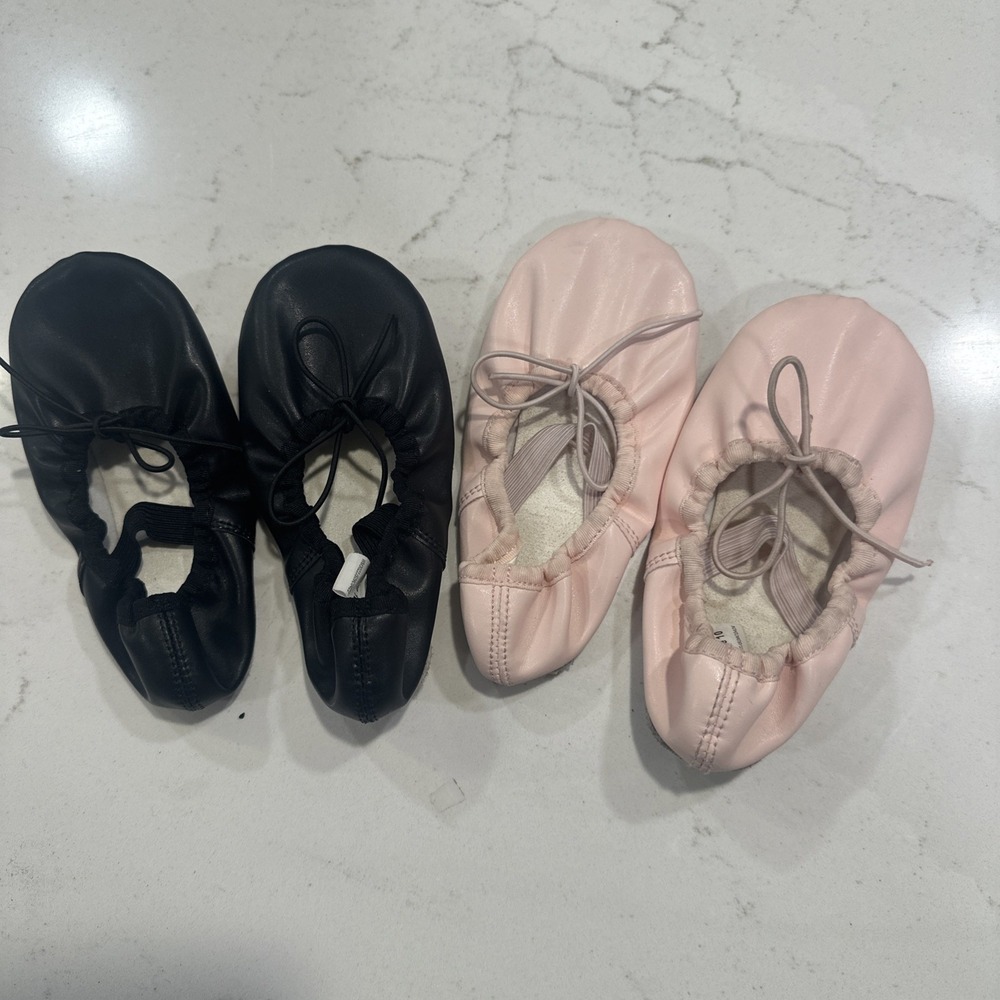 Two pair Black and Pink toddler Girls Leather Sole Ballet Dance Shoes Size 10